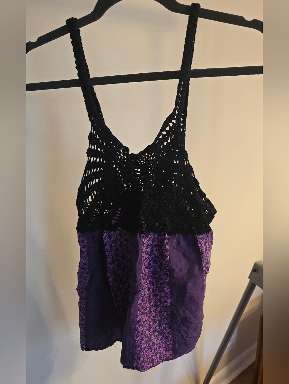 Free People Purple Black Floral Crochet Cami Tank Top Size M